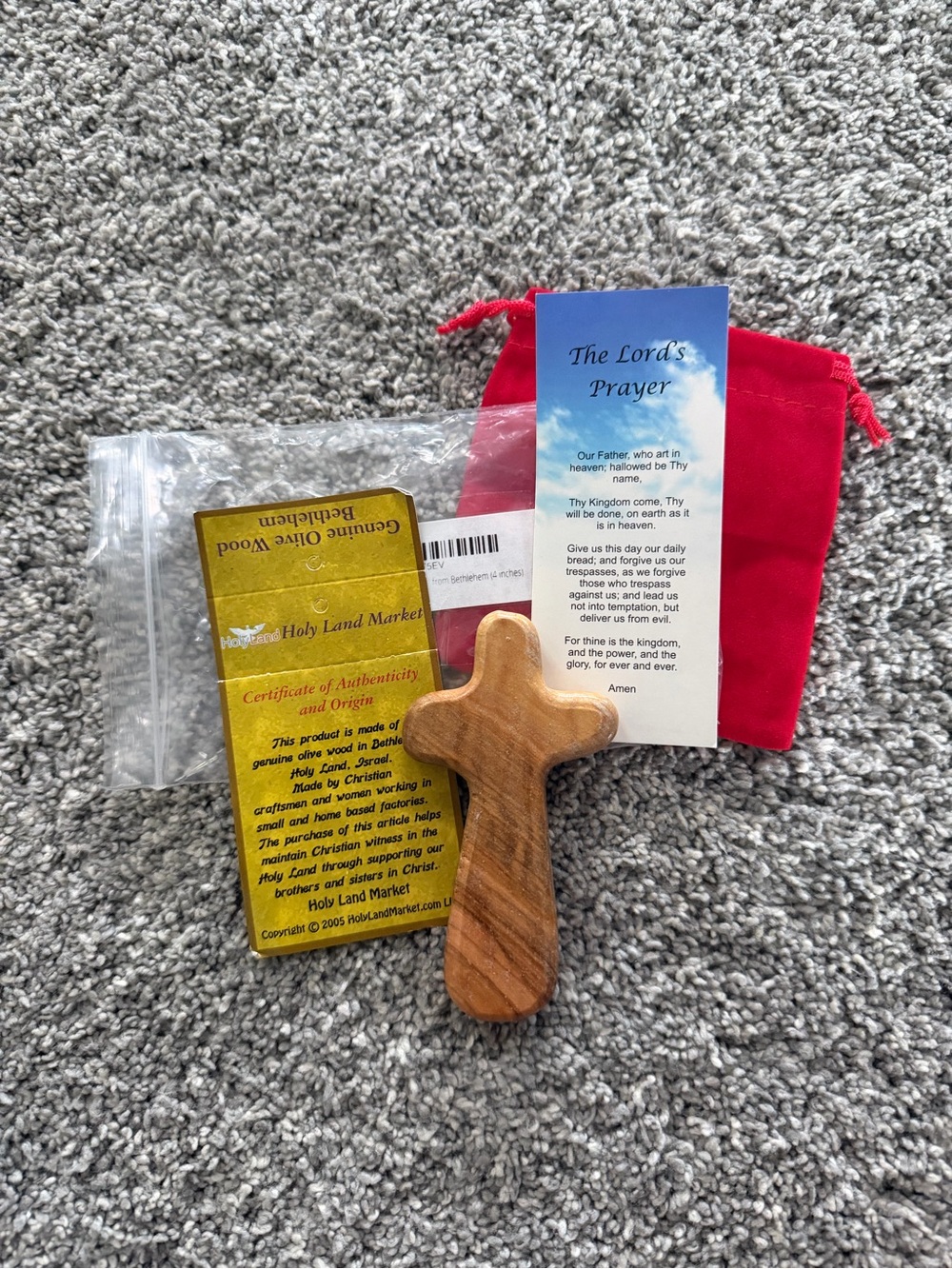 Olive Wood Pocket Cross with Red Pouch